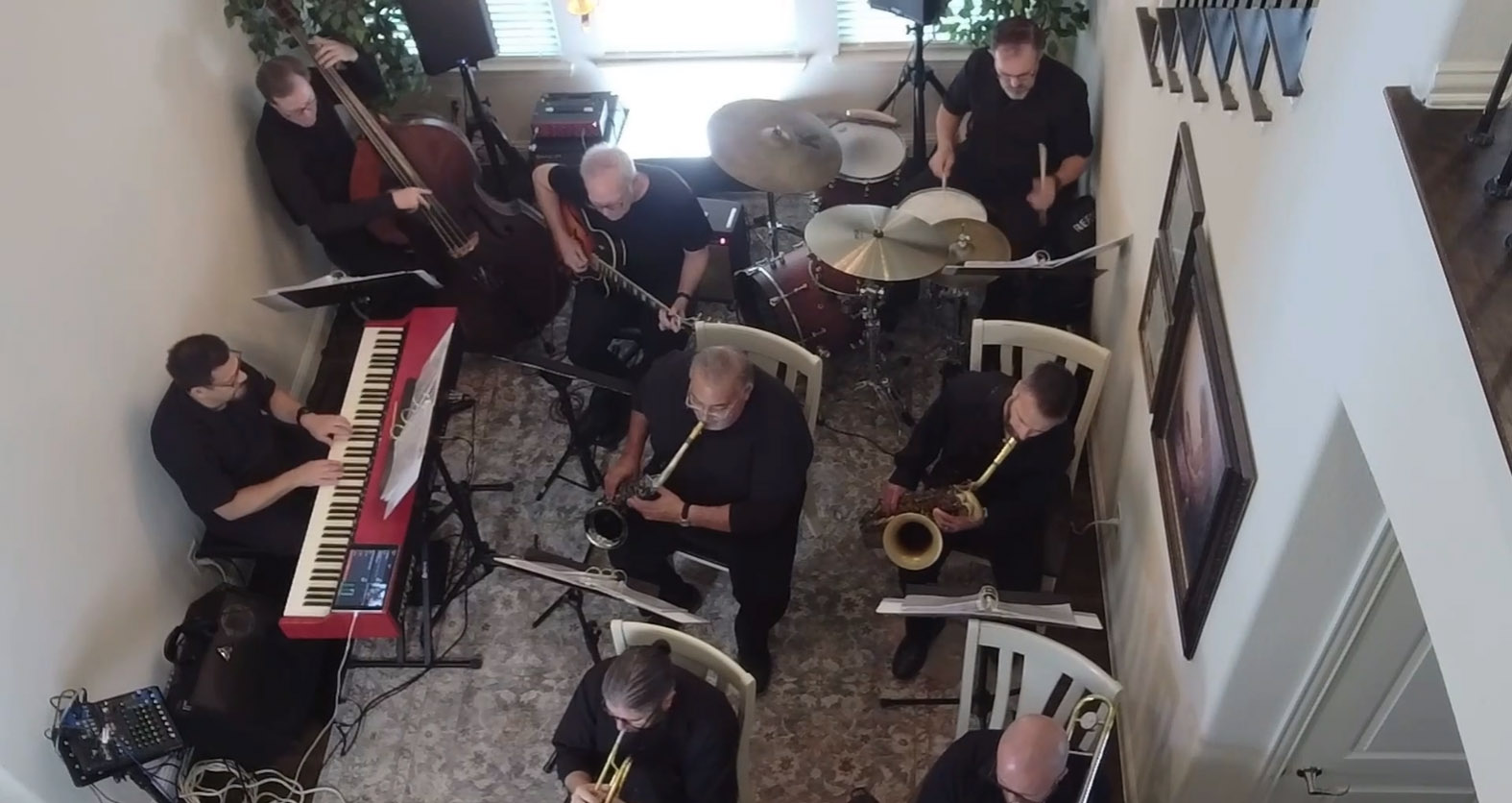 8-piece: Piano, Bass, Guitar, Drums, Trumpet, Trombone, Tenor Sax & Baritone