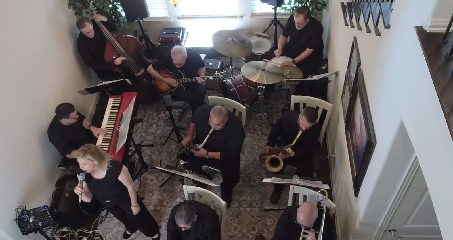 9-piece: Piano, Bass, Guitar, Drums, Trumpet, Trombone, Tenor Sax, Baritone Sax & Voice