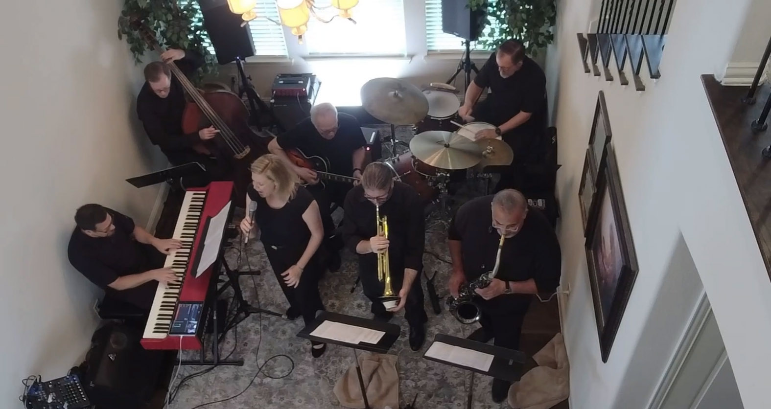 7-piece: Piano, Bass, Guitar, Drums, Trumpet, Tenor Sax & Voice